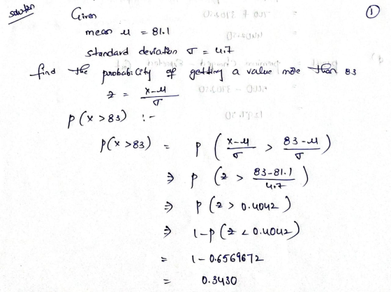 solution Given Orsol & 4 Our 0 meao u 81.1 standard deviation T = uz find the probabicity of getting a value more B3 x-all 02