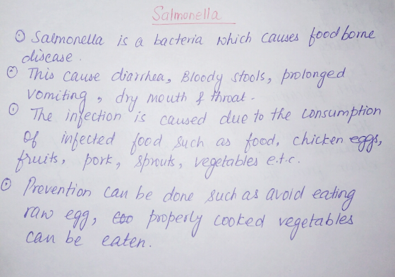 Salmonella ainonela ic a hacteria which causes food bone lisease This cause dharthea, Bloedy Stools, polonged vomitingりdry mo
