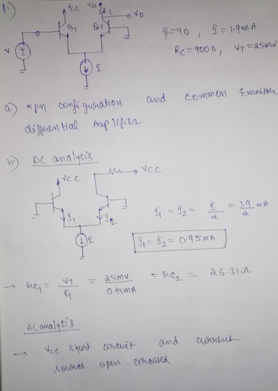 RC=900R, VT=25mW vec vce ovo 1 0,2 B=90 9=1.9mot 7 1 Emnifter and common a.) mpn configuration differential Amplifich DC anal