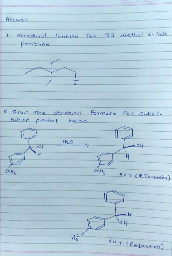 Answer formule for 33 diethyl 1-rodo 1. structural pentane formula for substi- 2. Draw tution the structural product below. H