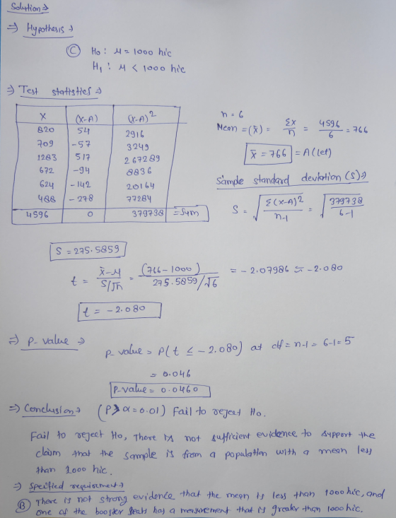 Solution & Hypothesis - © Ho: M=1000 hic Hi & M < 1000 hie Test statisties - Х B20 n=6 (X-A) 54 X-A) 2 Mean =(x) = a = 4594 7
