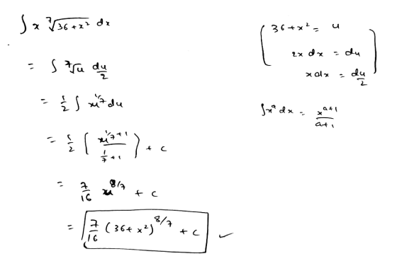 .36+x²= u J 2x dx = xola - dx x ata 32 34 415 41 - stru du = { s de Mac - a on the - 12 (364 +5% + c)