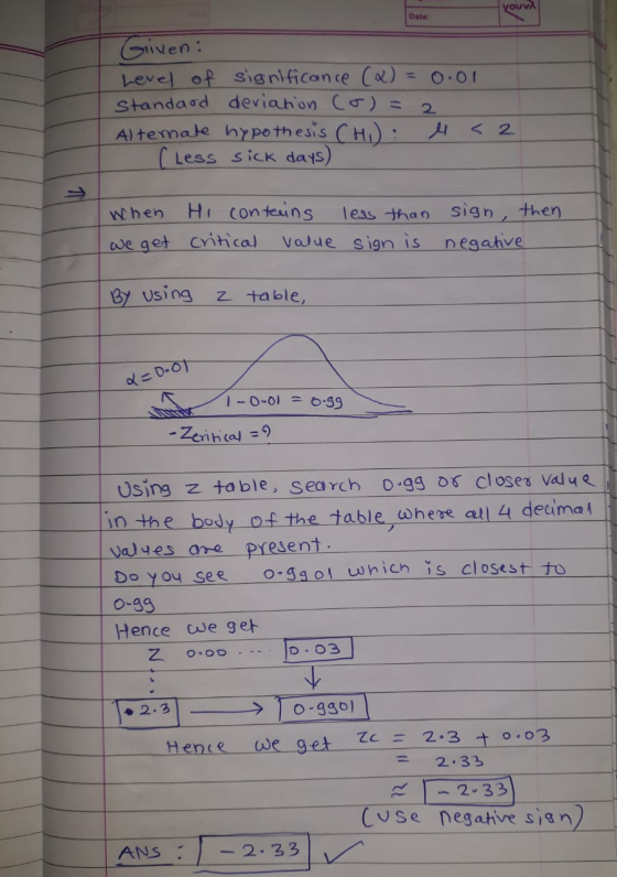 γουν Date Given: Level of significance (2) 0.01 Standard deviation col= Alternate hypothesis (Hi): el (Less sick days) 2 < 2
