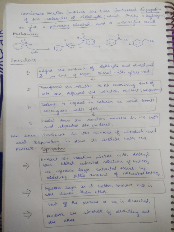 Canninzaro Reaction involves the bare incluced of two molecules of allehyde (which lacks to give a primary alcohol and a carb