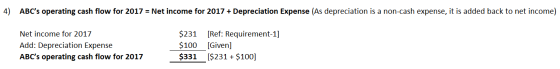 ABCs operating cash flow for 2017 = Net income for 2017 + Depreciation Expense (As depreciation is a non-cash expense, it is