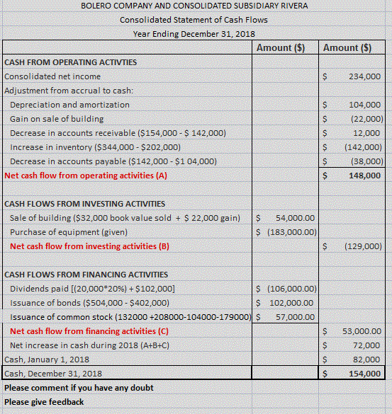 Amount ($) $ 234,000 BOLERO COMPANY AND CONSOLIDATED SUBSIDIARY RIVERA Consolidated Statement of Cash Flows Year Ending Decem