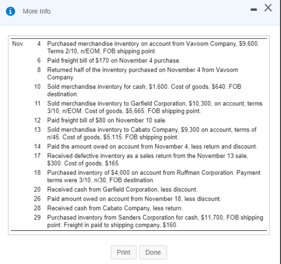 * More Info Nov. 4 Purchased merchandise inventory on account from Vavoom Company, $9,600. Terms 2/10, n/EOM, FOB shipping po