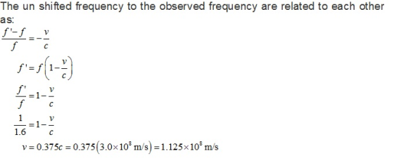 The un shifted frquency to the observed frequency are related to each other as 1.6 C v-0.31%-0.375 (3.0x10° m/s)-1.125x 10° m