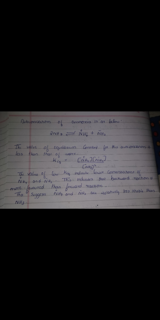 Autolonization of ammonia is as below 2NH3 = Ň H; + NH2 The value of equilibrium constant fes this aublon zahon 15 less than