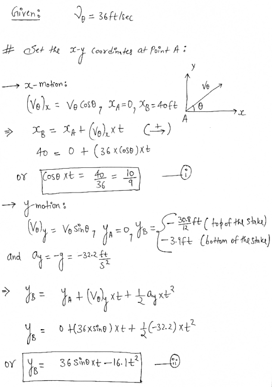 Given; Vo = 35ft/sec Set the x-y coordinates at Point A : -→ X-Motion: Ve 1 (Volx = Vo Cose , KA=0, X8 = 40ft ko ² xq = XA+ (