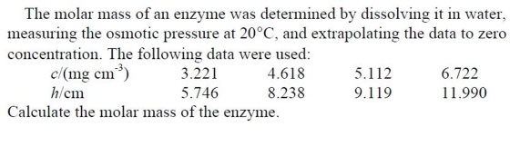 The molar mass of an enzyme was determined by dissolving it in water, measuring the osmotic pressure at 20°C, and extrapolati