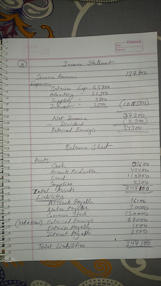 Bimal Date: Page No Income Statemet Service Revenue 137700 // Salaries Exp. 65700 Advertising 22.00 Supplies Interest 2500 11