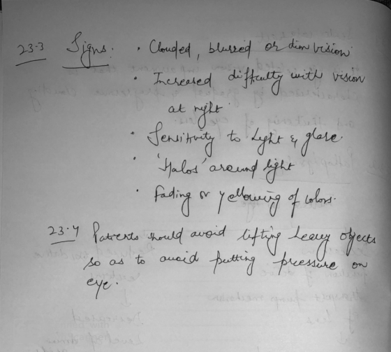 23-3 Signs: Clouded, blurred or din vision Increased differelty with vision at night Sensitnity to Light & glore Salos aroun