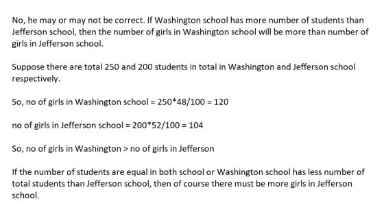 No, he may or may not be correct. If Washington school has more number of students than Jefferson school, then the number of