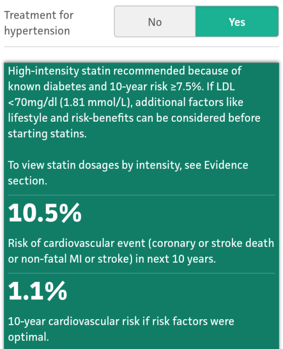 Treatment for hypertension No Yes High-intensity statin recommended because of known diabetes and 10-year risk 27.5%. If LDL