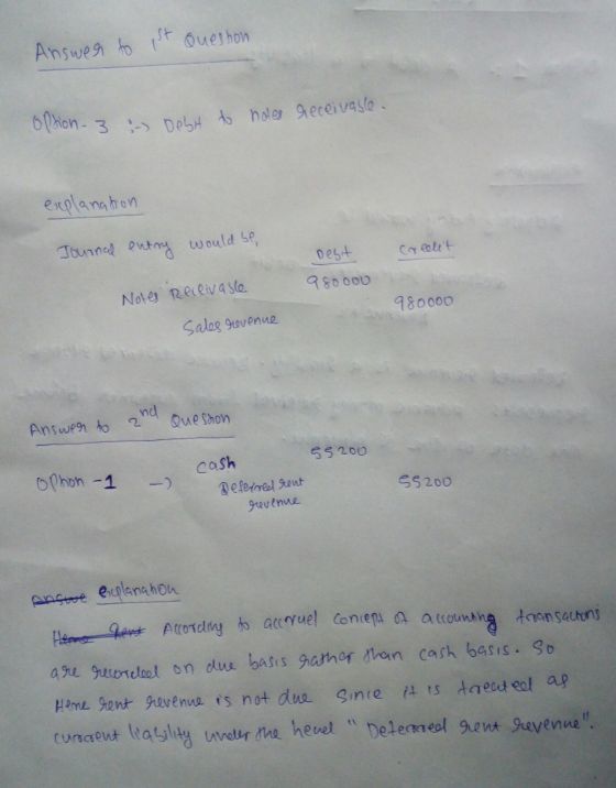 opsion 3 :-) Debit to holes receivable. Answer to and Answer to est Queshon explanation Journal entry would be Crealit Desit