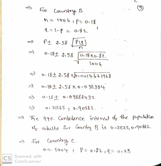 For Country B. n= 10061P=0118 0.82 %3D Pt 2.58 Ple) 0.18± 9,58 o18 xo.82 lo06 oi18±2.58 x01oo14671968 118±2.58xo.038304 Oi18+