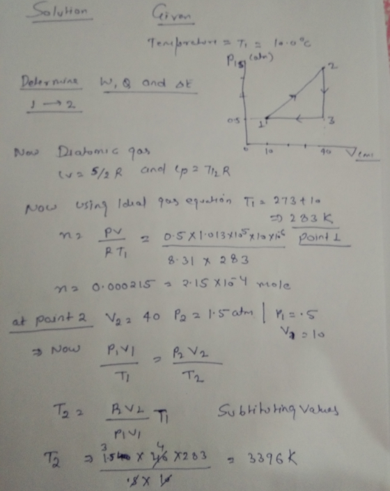 Solution Solution Temporchont a T = 10.0°C Placan) Determine w o and ot Now Diatomic gas (2 5/R and ep 2 7/2R Now using Ideal