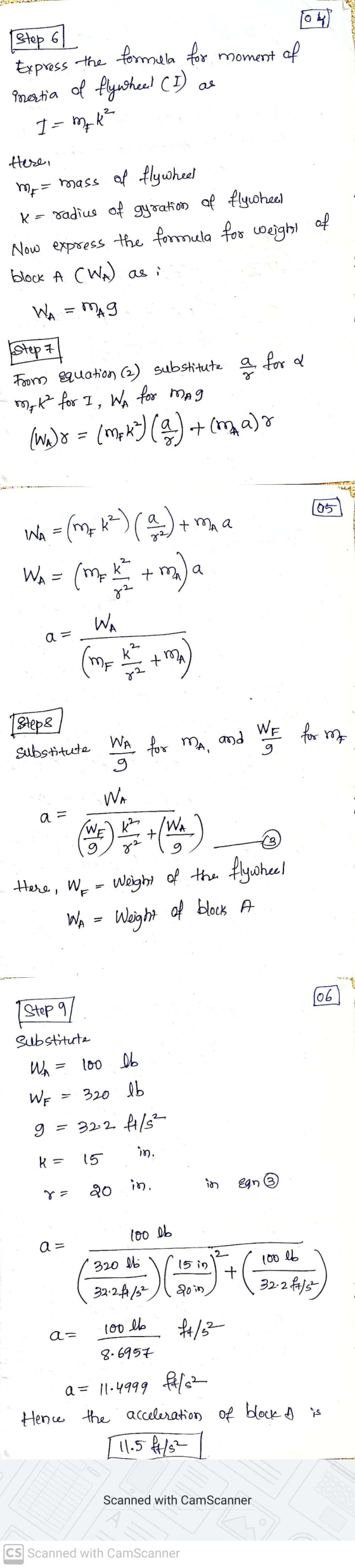 +104) toy Step 6 Express the formula for moment of Inertia of flywheed (I) as I= m₂ k² Here, mi= mass of flywheel K - radius