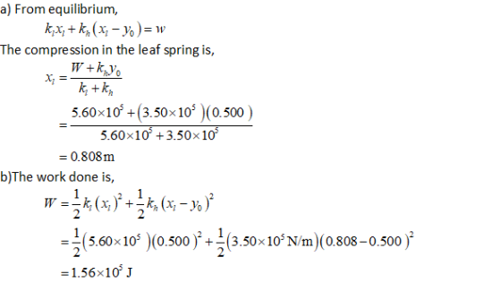 a) From equilibrium, kıxz+k, (x - y) = w The compression in the leaf spring is, W+ky. kitka 5.60x10+(3.50x108)(0.500) 5.60x10