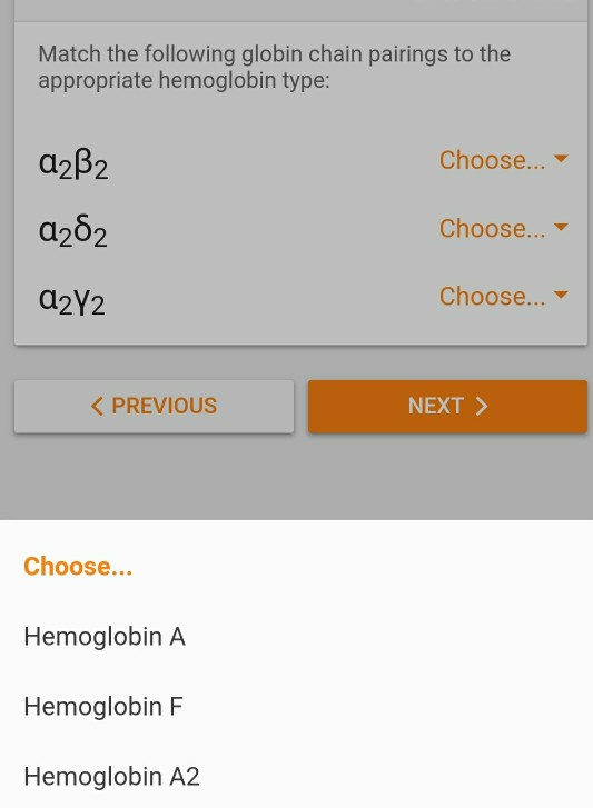 Match the following globin chain pairings to the appropriate hemoglobin type: a2B2 Choose... 4282 Choose... d2Y2 Choose... <