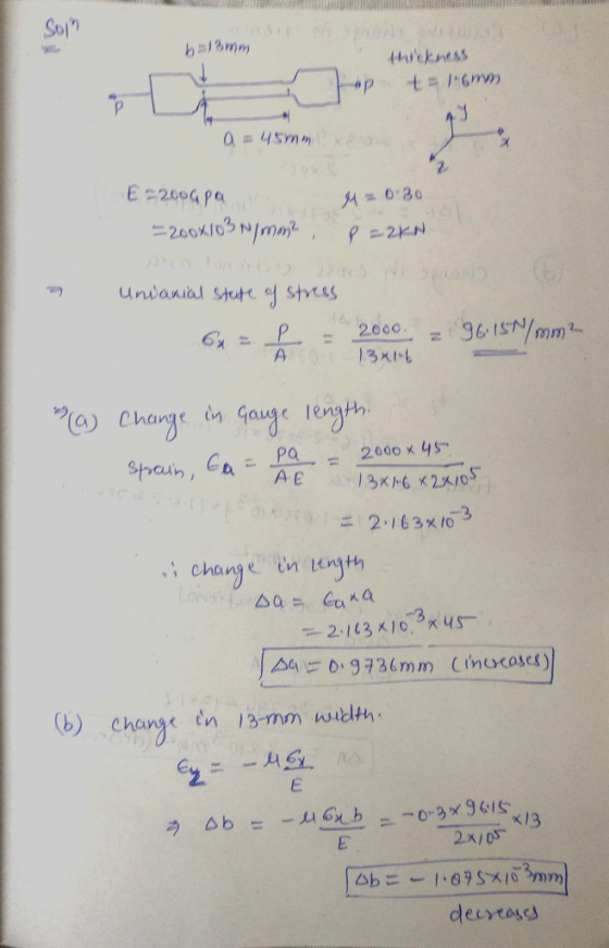 Sol hickness a = 45mm 24oG pa 200096mm (a) Charge in Gauge len)H ニ 2.163x10-2 , change in unth 24 0.9736mm (inocases) x13 2x/05 decytayes