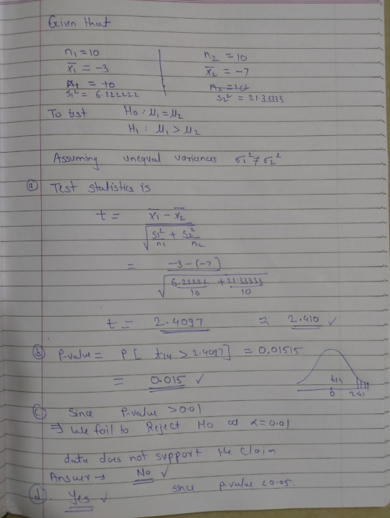 Given that ni=10 X = -3 12 =10 X2 = -7 = to 52 = 6.222222 522 =21.33333 To test Hoil, = 42 Hill > M 2 Assuming unequal varian