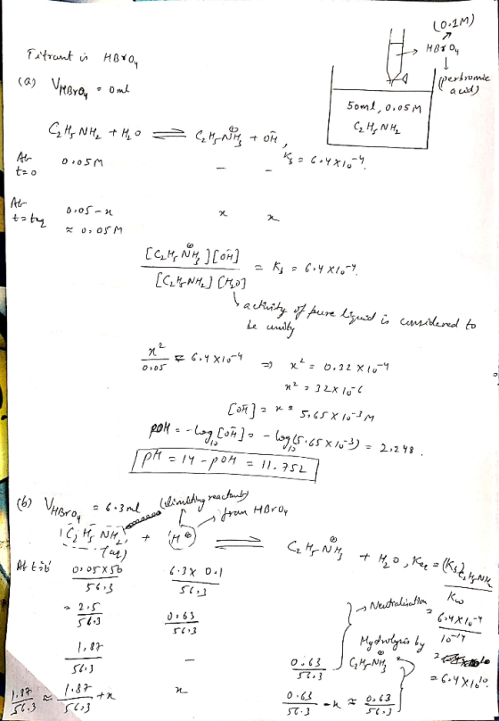 (0-1 ) Pétrant is > HBrO HBX Oy (a) VreBron = ome to Iperbromic land) C#, NH, + H 9 o.osm 50ml, 0.05m . = C, H , 1 of. I
