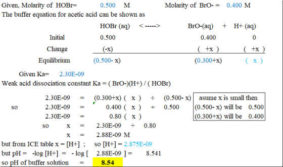 Given, Molarity of HOBr= The buffer equation for acetic acid can be shown as Molarity of BrO- = 0.400 M 0.500 M НОBr (aq) H (