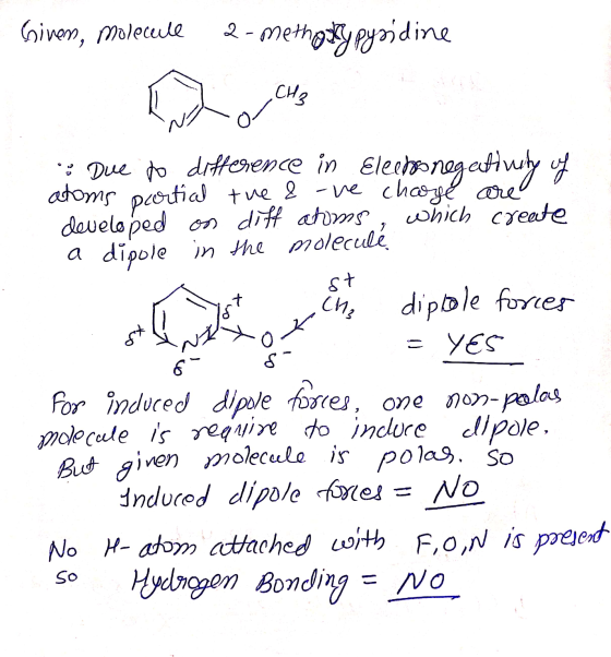 Given, Molecull 2-methoxy pyridine CH3 st Due to difference in Electonegativity of atoms pcortial tue & -ve charge are develo