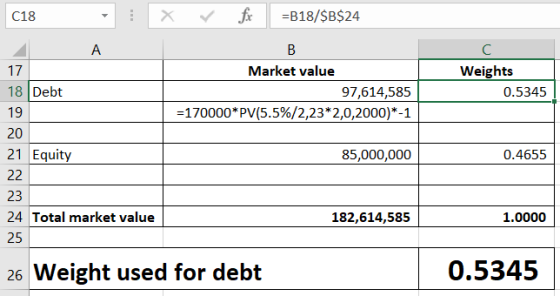 C18 X ✓ for =B18/$B$24 Market value 97,614,585 =170000*PV(5.5%/2,23*2,0,2000)*-1 Weights 0.5345 A 17 18 Debt 19 20 21 Equity