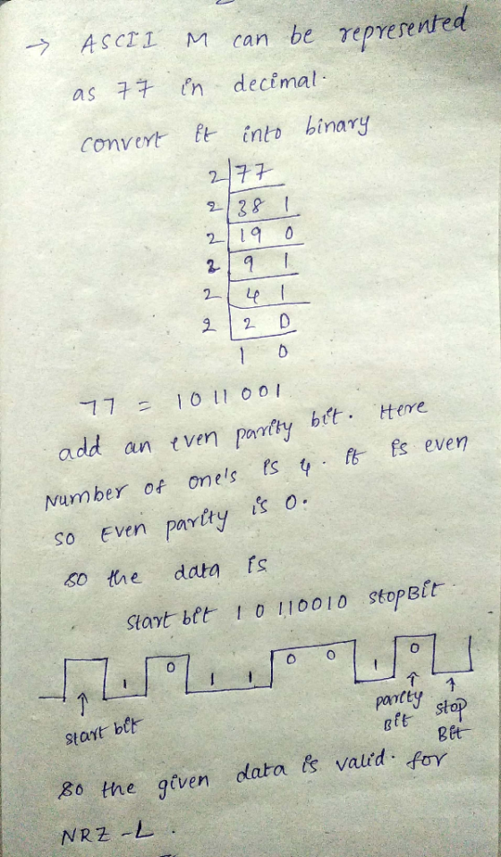 > ASCII M can be represented as 77 in decimal convert it into binary 2/77 2/38 1 219 o 2191 241 220 10 77 = 1011001 add an ev