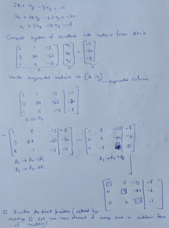 3x + 244 – 63 43 = -30 Qxit - 343 = -11 u + Sug - 13 uz = -8 into matrix form Ax=b Convert system of equations 211 2 -3 -30