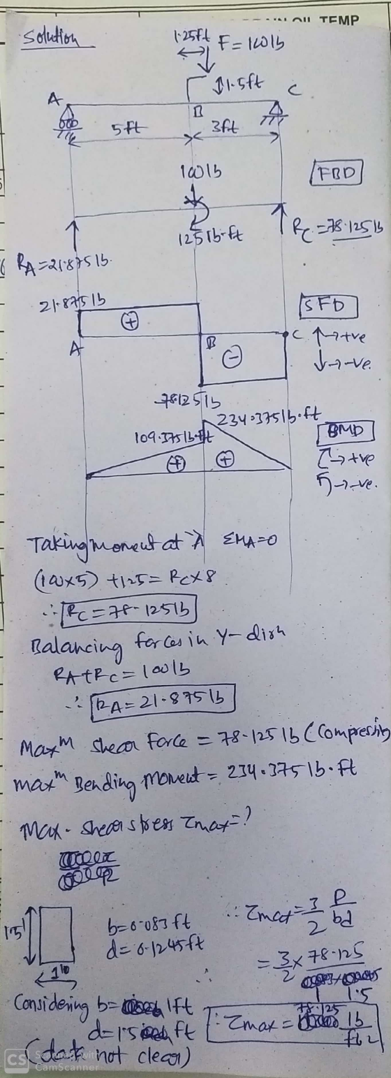 Inil TEMP solution 1.2574 F = 10lb r ilisft 3ft the od 5ft iwlb FRD -78 1251 125 lb-ft O RA=21875 1b. - 21875 lb SFO C. Mitve
