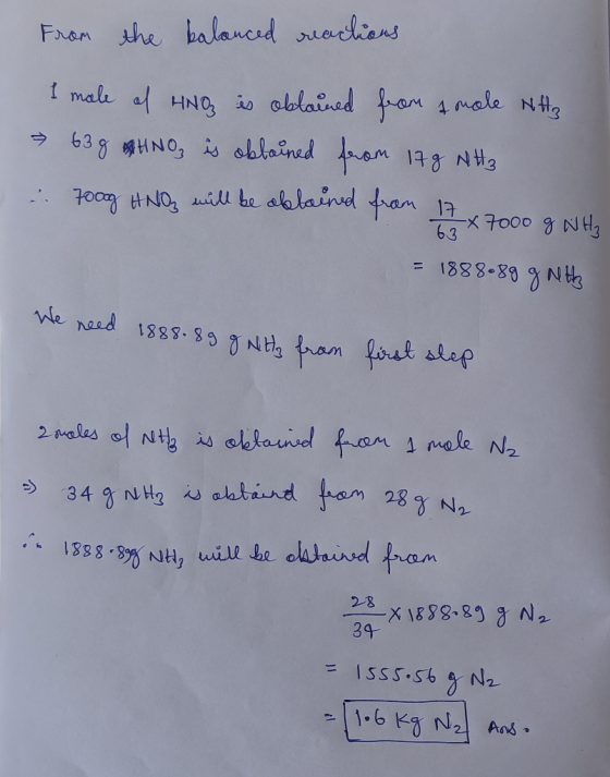 From the balanced reactions I male al HNO is obtained from a mole NH₃ 63g HNO is obtained from 17g NH₃ . 7008 HNO will be abl
