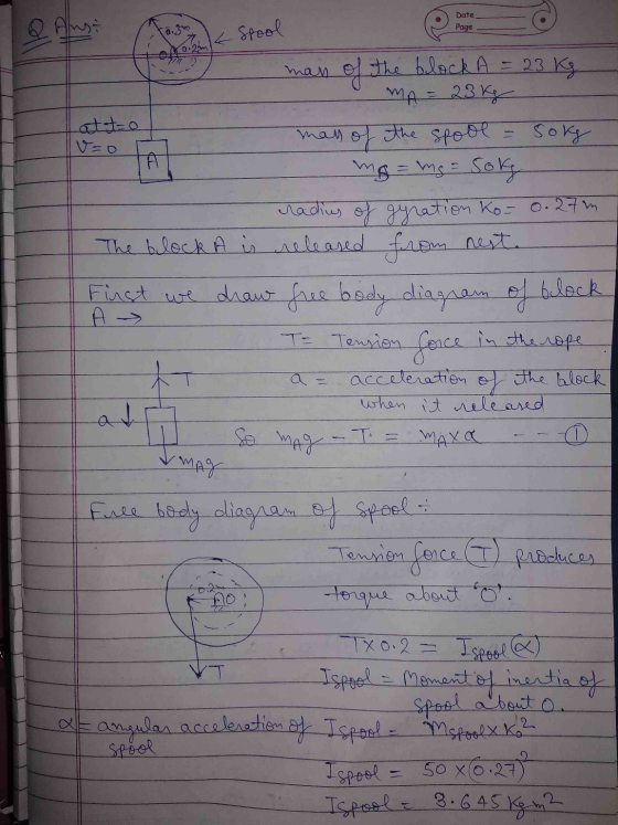 Date Page (azm K Spool mal 23 Kg v=o A of the block A MA 23 kg atto mall of the spool = sokg mg = mg = Sokg radius of gyratio