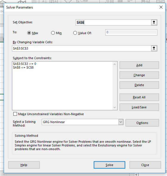 Solver Parameters 0 Set Objective SAS6 Ma OMi alue of By Changing aiable Cells: SAS3:SCS3 Subject to the Constraints: SAS3:SC