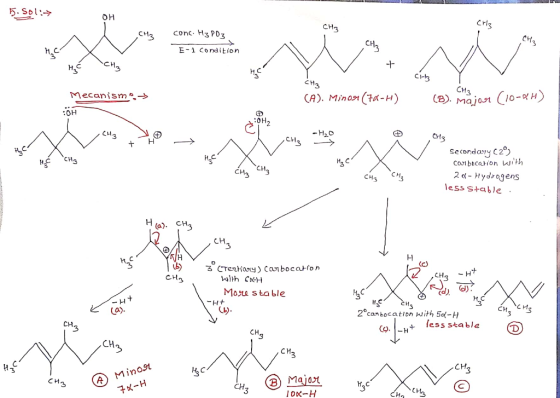 5. Sol! → он CH3 conc. H3PO3 E-1 condition CH3 H₂ , + CH₃ Cita CH3 (A). Min 091 (7-H) СН3 Mecanism (B). Maior (10-WH OH CM3+