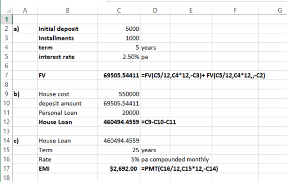 Initial deposit Installments term interest rate 5000 1000 5 years 2.50% pa manoma omto FV 69505.54411 =FV(C5/12,04*12,-C3)+ F