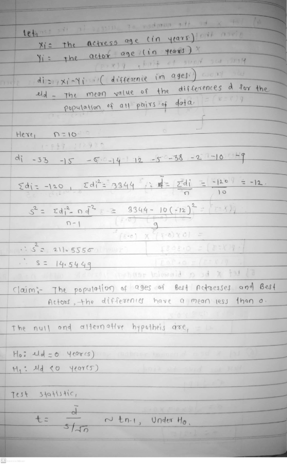 Xi = the actress age (in years.) out actor age (in years) x the the dizi ixi-Yil differenie in agesi eld differences d for th