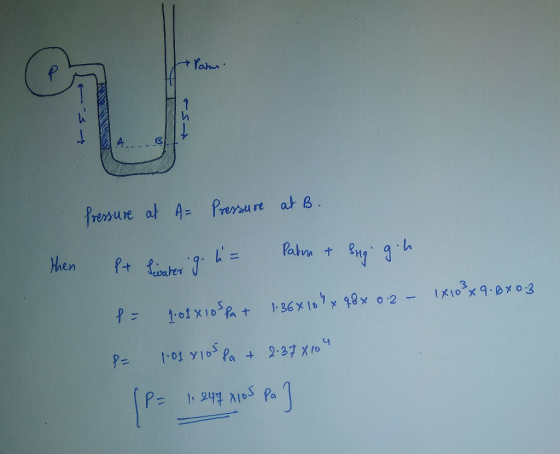 - Paths. ost .. . Pressure at A= Pressure at B. then It liester go l= Patim & Sugi goh 141039. BX 0.3 P = 1:01x10 spat 1.36X