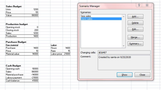 2 Scenario Manager X Sales Budget Units Price Value 1200 55 66000 Scenarios: less sales more sales Add... Delete Production b