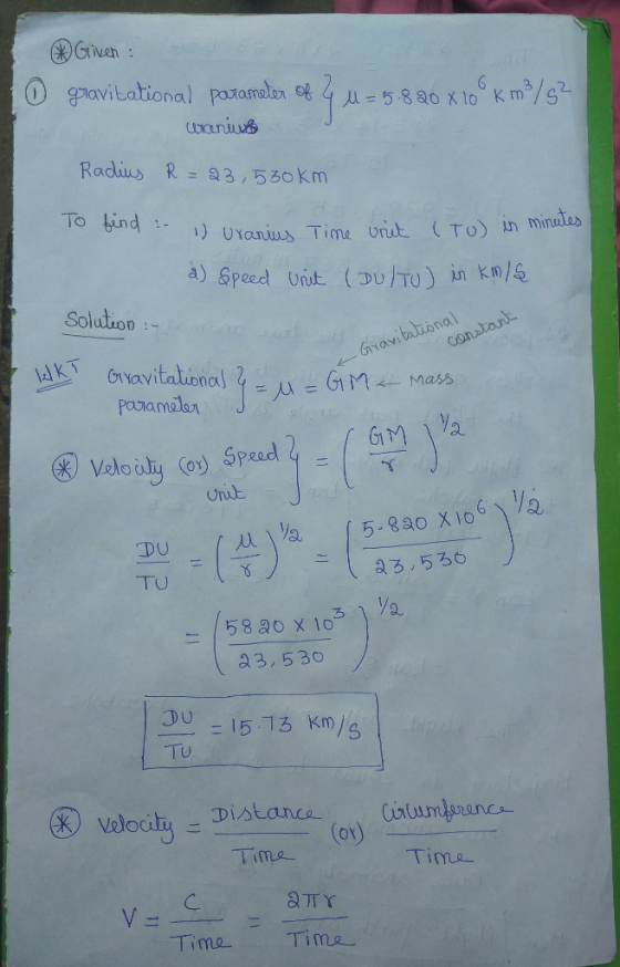 Given gravitational paramotn H3,U:5880x106 Km?/S2. wanuua Radíus R 93 / 550 km 1) UYanus Time ont (To) İn minuto Solution Spe