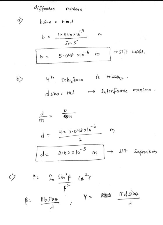 diffraction minima bsino hod b = -g 1x 440*10 Sin 5° → Slit width m. ba 5.048 x10-6 b > 4th is missing Interference Interfere