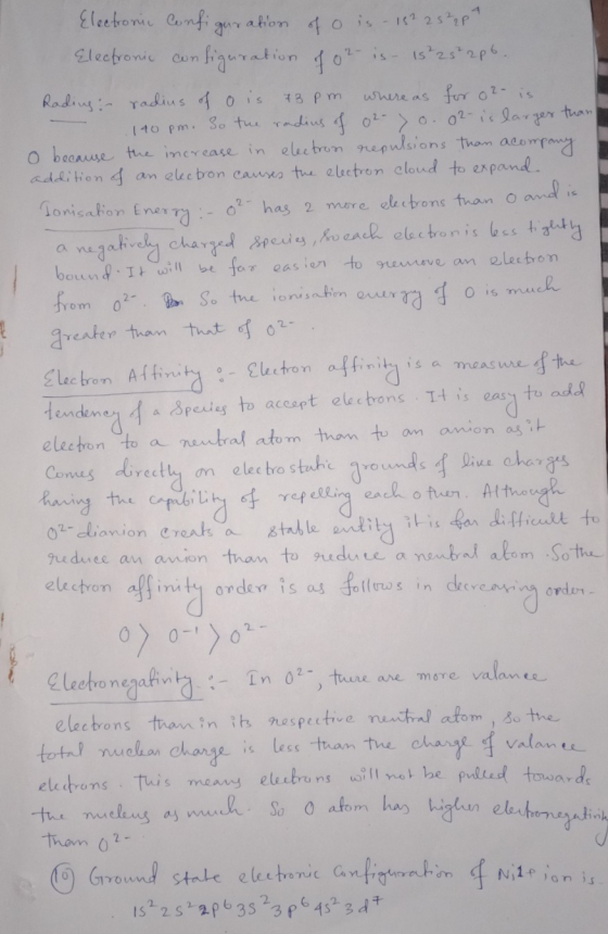 Electronic Configuration of ois - 18225287 Electronic configuration of o2is- 15 ²25 2p6. Rading - radius of ois #3 pm where a