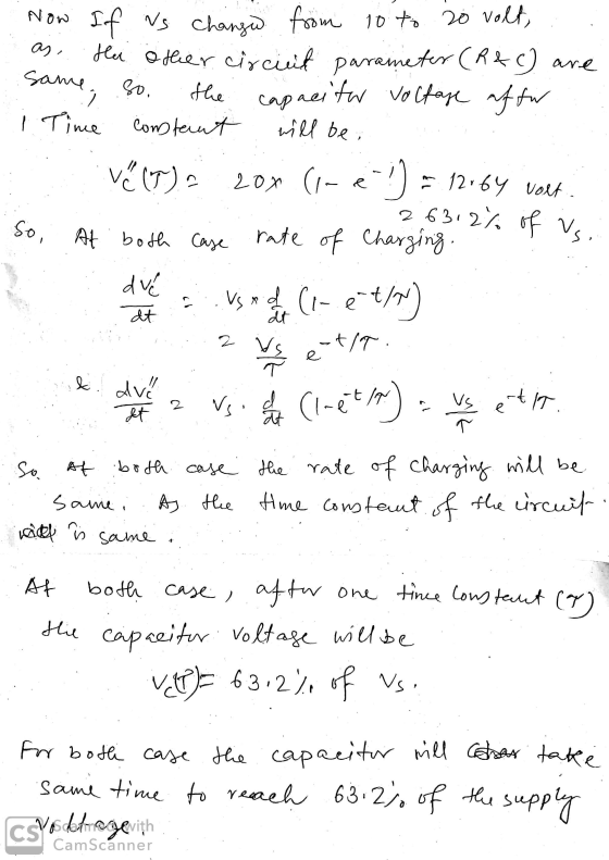 as Now If us change from 10 to 20 volt, Hur other circuit parameter (R&C) are san So. capacitor voltage after 1 Time Constant