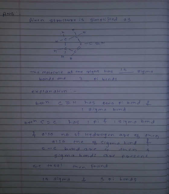 NS ivin stucture is imli Pied a Cーで 下 The molecule at tne ight has 3 Pi bonds erplanaiem sigma bm sim a bom 4 n found
