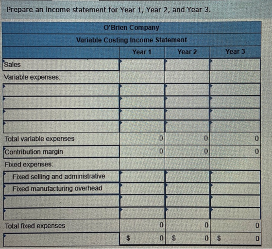 Prepare an income statement for Year 1, Year 2, and Year 3. OBrien Company Variable Costing Income Statement Year 1 Year 2 Y