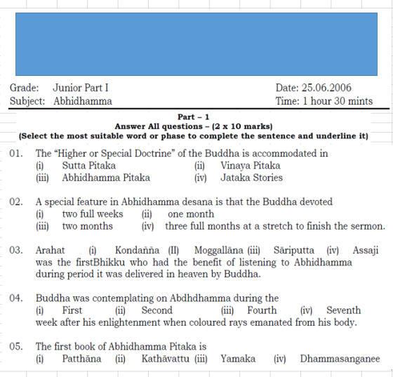 Grade: Junior Part I Date: 25.06.2006 Subject: Abhidhamma Time: 1 hour 30 mints Part-1 Answer All questions - (2 x 10 marks)
