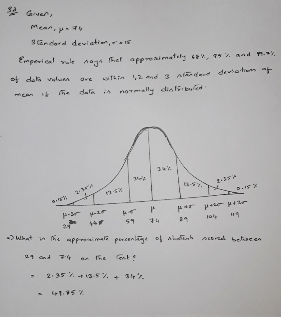 왤 Giver, Mear, f = 74 Standard deviation, o = 15 Emperical rule That sag. approximately 68%, 95% and 99.7% slandard deviation